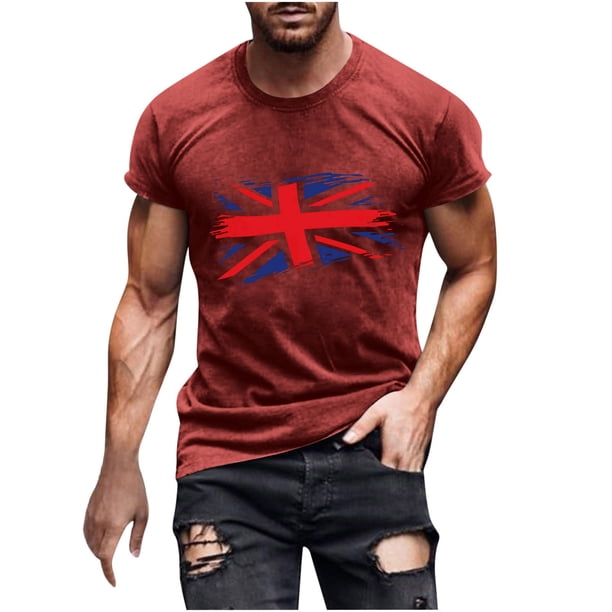 Mens Casual Manga Corta Botón Abajo Camisetas Estados Unidos Bandera Impresión Cuello Redondo Suéter Camiseta, Poliéster Casual Uso Diario para Hombres