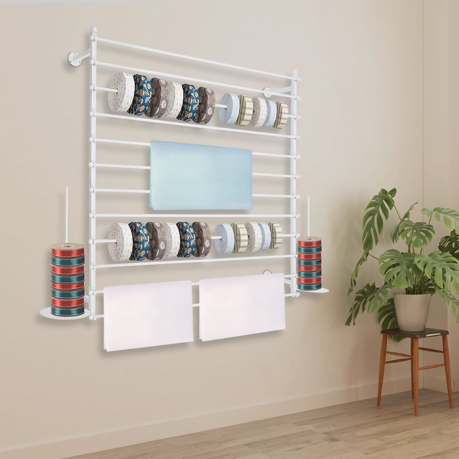 ToppiJoy 12 Rods Wall Mounted Ribbon Rack for Craft Room, Ribbon Organizer Wrapping Paper Rack for Craft Room, Cake Shop, Flower Shop White