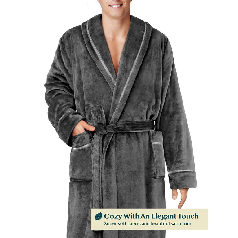 Pavilia Mens Soft Robe, Plush Warm Bathrobe for Men, Long Spa Robe with Shawl Collar, Pockets, Trim Piping (Black), Men's, Size: One Size