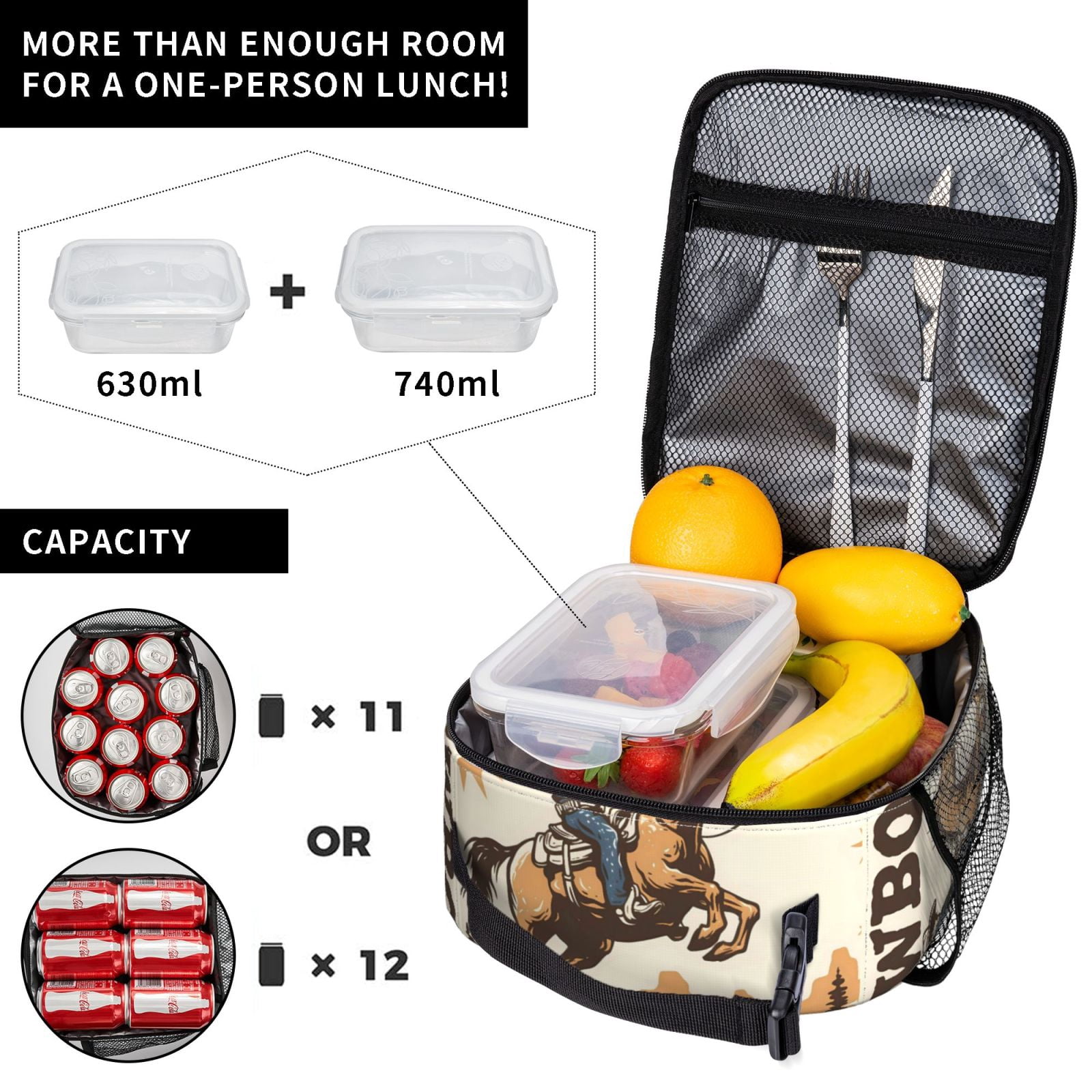 Lunch Bag For Women Men Insulated Portable Lunch Box Bento Box Office Picnic Travel Cooler Bag Cowboy Riding A Horse (3)