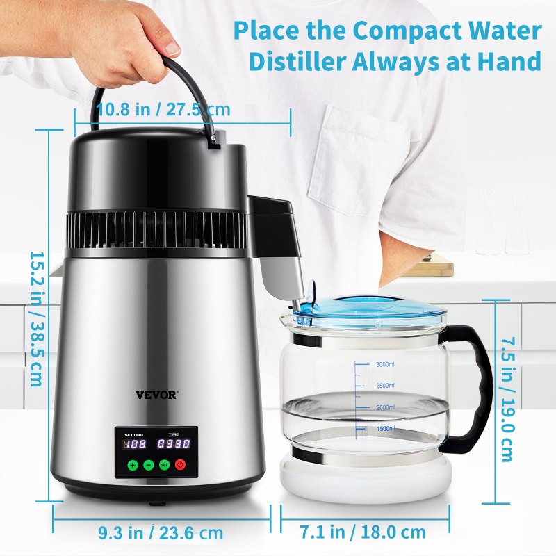 1.1 Gal Water Distiller, 0.3 Gal/H, 750W Distilled Water Maker Machine 0-99H Timing Set Temp Display