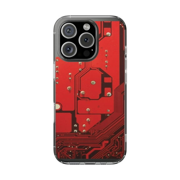 Clear Hybrid Shockproof Case for Apple iPhone 16 PRO - Futuristic Red Circuit Design