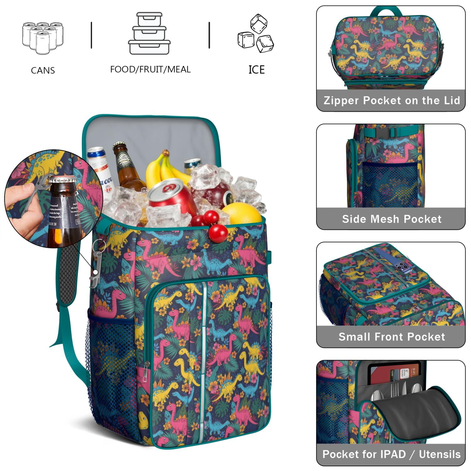 Travel Cooler Bag - Colorful Dinosaurs Tropical Floral Pattern Camping Beer Cooler Backpack with Bottle Opener- Waterproof Insulated Picnic Backpacks - Cooler Bag for Beach