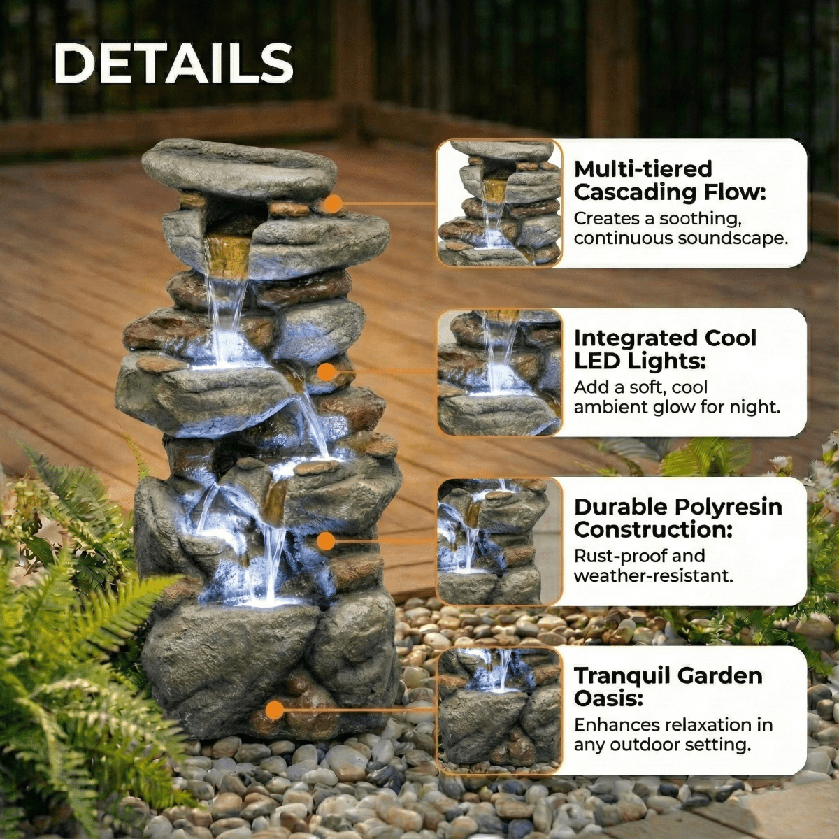 Outdoor Water Fountain Large - Stone Fountains with LED Light for Patio Yard Garden Backyard Decking Outdoor or Entryway Decor 30''   WL