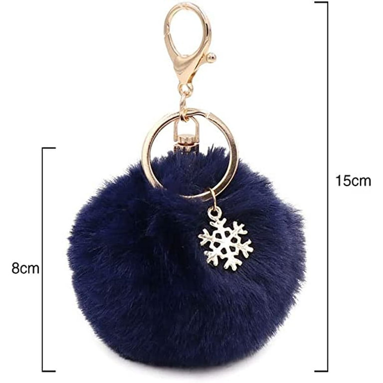 Navy blue Snowflake Pom Pom Keychain Artificial Fur Ball Keychain Fluffy Accessories Car Bag Charm