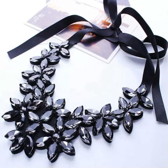 GKNET Women Crystal Flower Ribbon Black Necklace Bib Statement Collar Neck Jewelry-1#