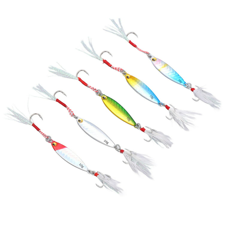 Fishing Jig Heads Fishing Hooks, 5Pcs 10g Jig Fishing Lure Metal Jig Baits  Artificial Lure with Feather Hooks Fishing Tackles for Bass 