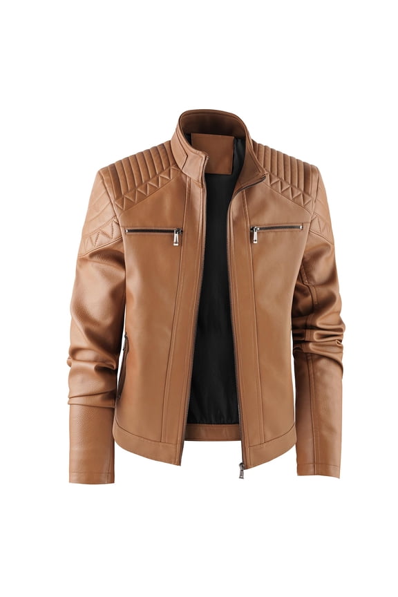 Men's Leather Jacket, Stand Collar PU Faux Leather, Zip-Up Motorcycle Bomber Jacket, Slim Fit Biker Coat