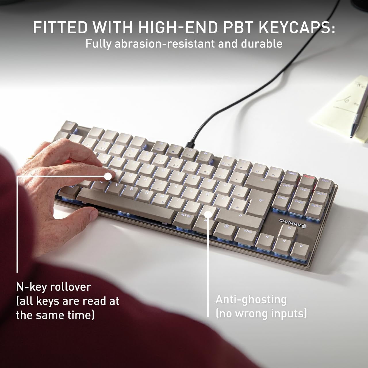 CHERRY KC 500 MX LP TKL MX LP Mechanical Low-profile Keyboard in a Slim Design - Warm Grey, Wired Compact Keyboard with Backlighting, MX2A IVORY Switches, PBT Keycaps, Foldable Feet, Slim Design