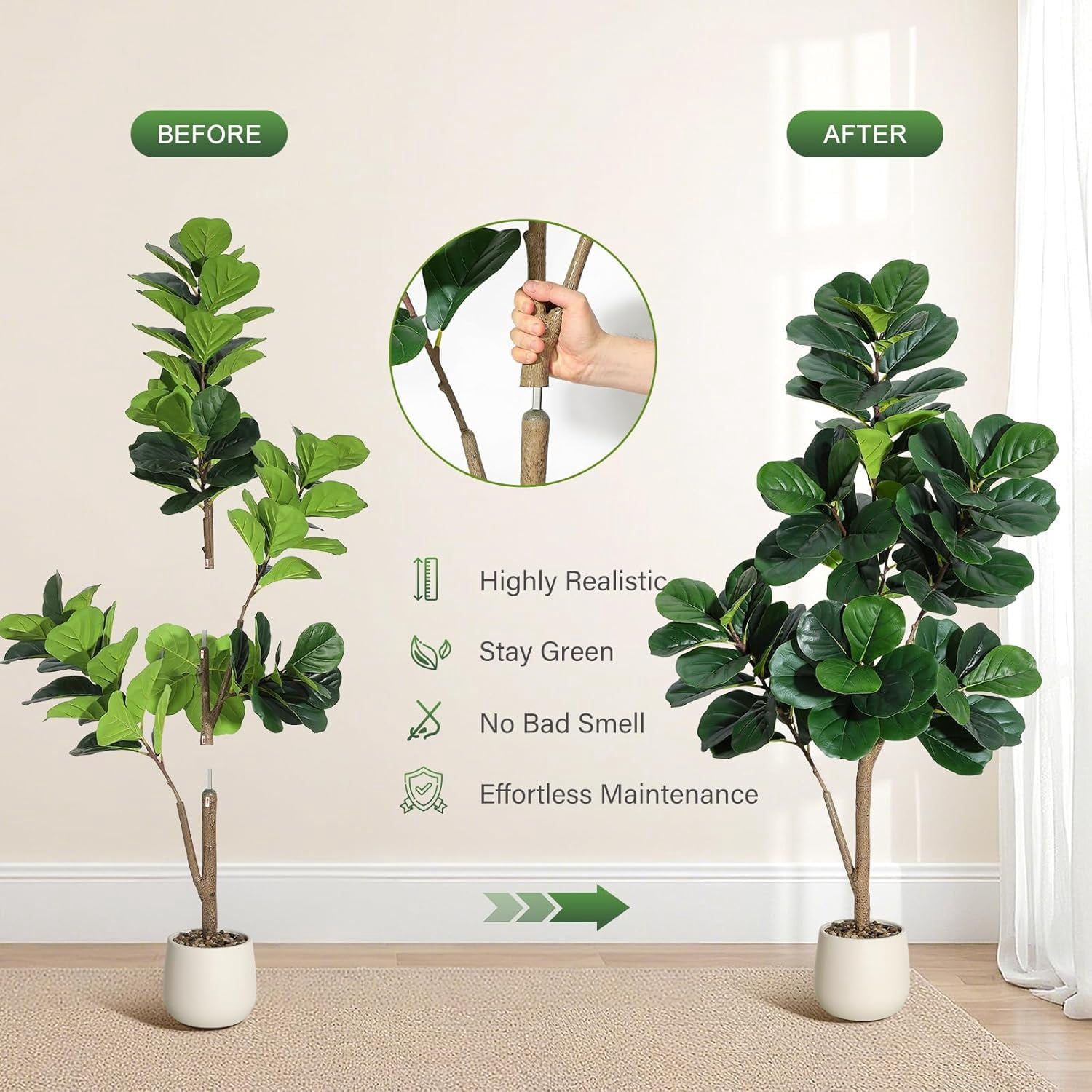 4FT Fiddle Leaf Fig Tree Artificial, Realistic Faux Ficus Lyrata Trees with 141 Leaves, Indoor Fake Floor Plants for Home Office Living Room Decor, with 9" White Planter Pot