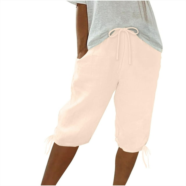 Timegard Womens Shorts Drawstring Elastic High Waist Casual Lightweight Knee Length Pants Solid Color