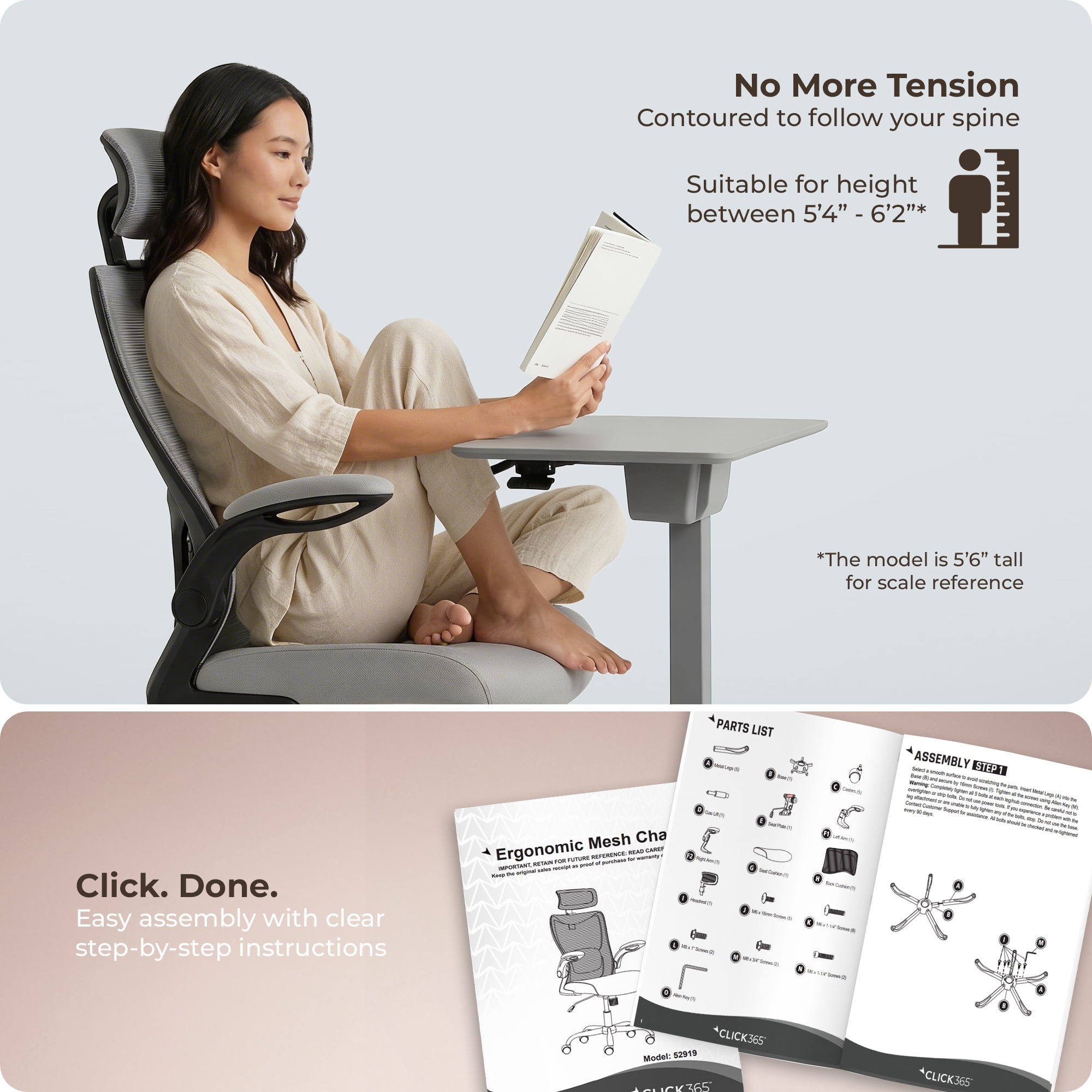 Click365 Adult Mesh High Back Indoor Commercial Ergonomic and Adjustable Headrest Office Chairs Hardware Kit, Gray