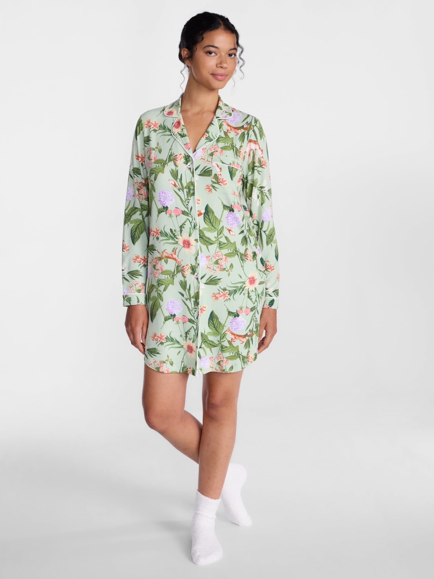 Joyspun Women's Dreamy Soft Collection Notch Collar Sleepshirt with Long Sleeves, Sizes XS-3X