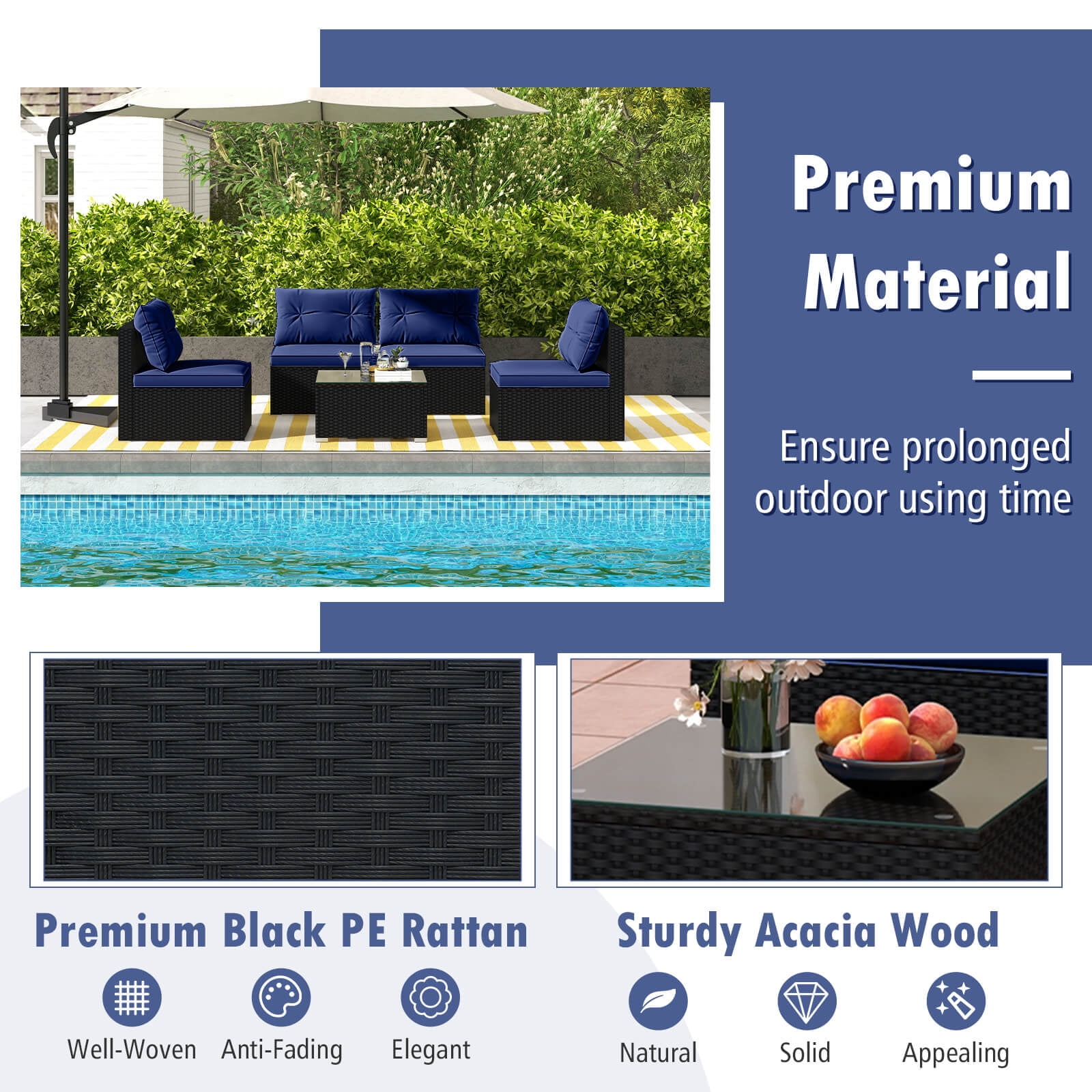 Costway 5 Piece Outdoor Furniture Set with Seat & Back Cushions Tempered Glass Tabletop Blue