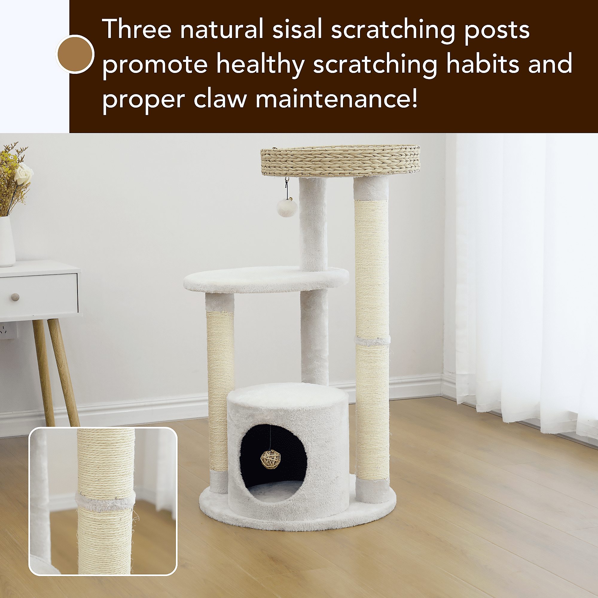 PetPals®  35.8" Cat Tree with  Top Nest Bed, Natural Sisal Scratching Posts, Large Base Condo,  Cream