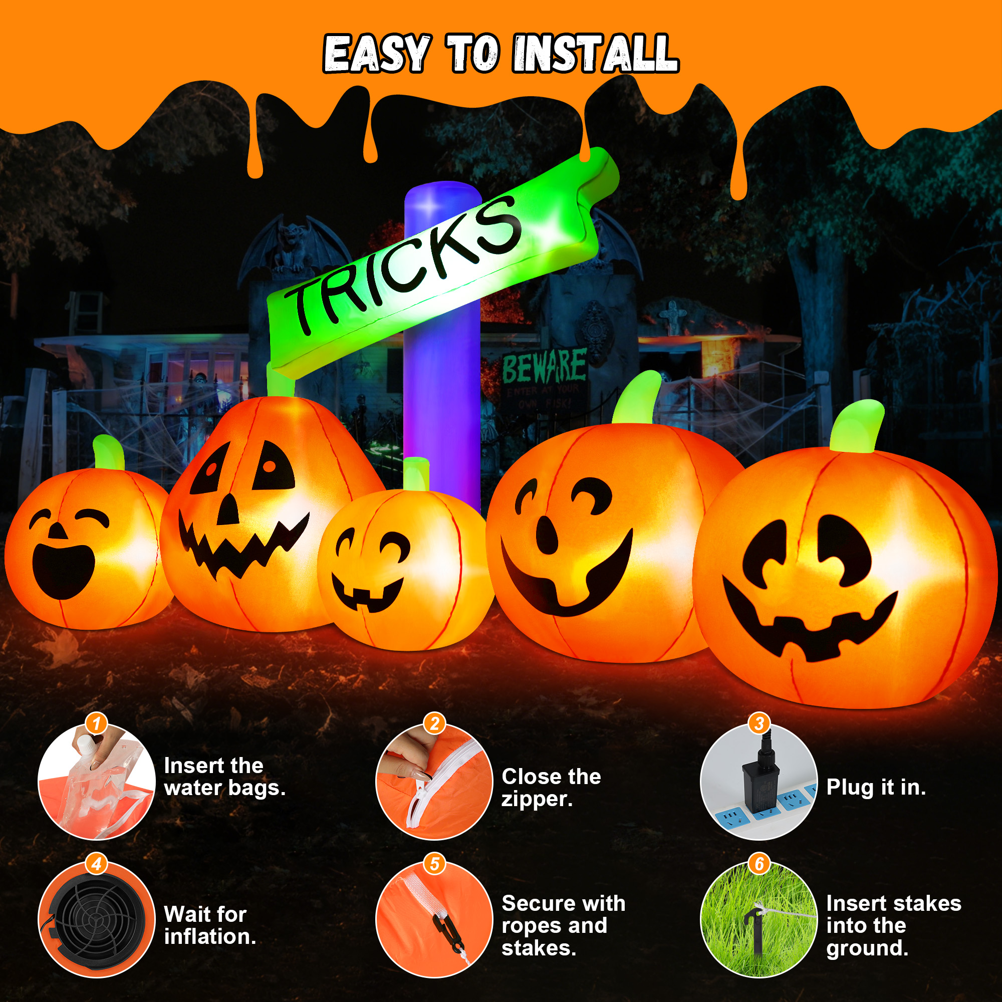 Yexmas 9 Ft Halloween Inflatable with Tricks Sign and Pumpkins photo 5
