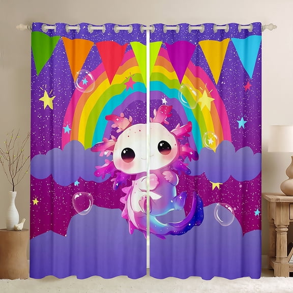 jejeloiu Kawaii Axolotl Black Out Curtains,Cartoon Animal Curtains Pack of 2 (42x63 Each),Cute Rainbow Print Bedroom Curtains For Girls Teens,Breathable Home Decor