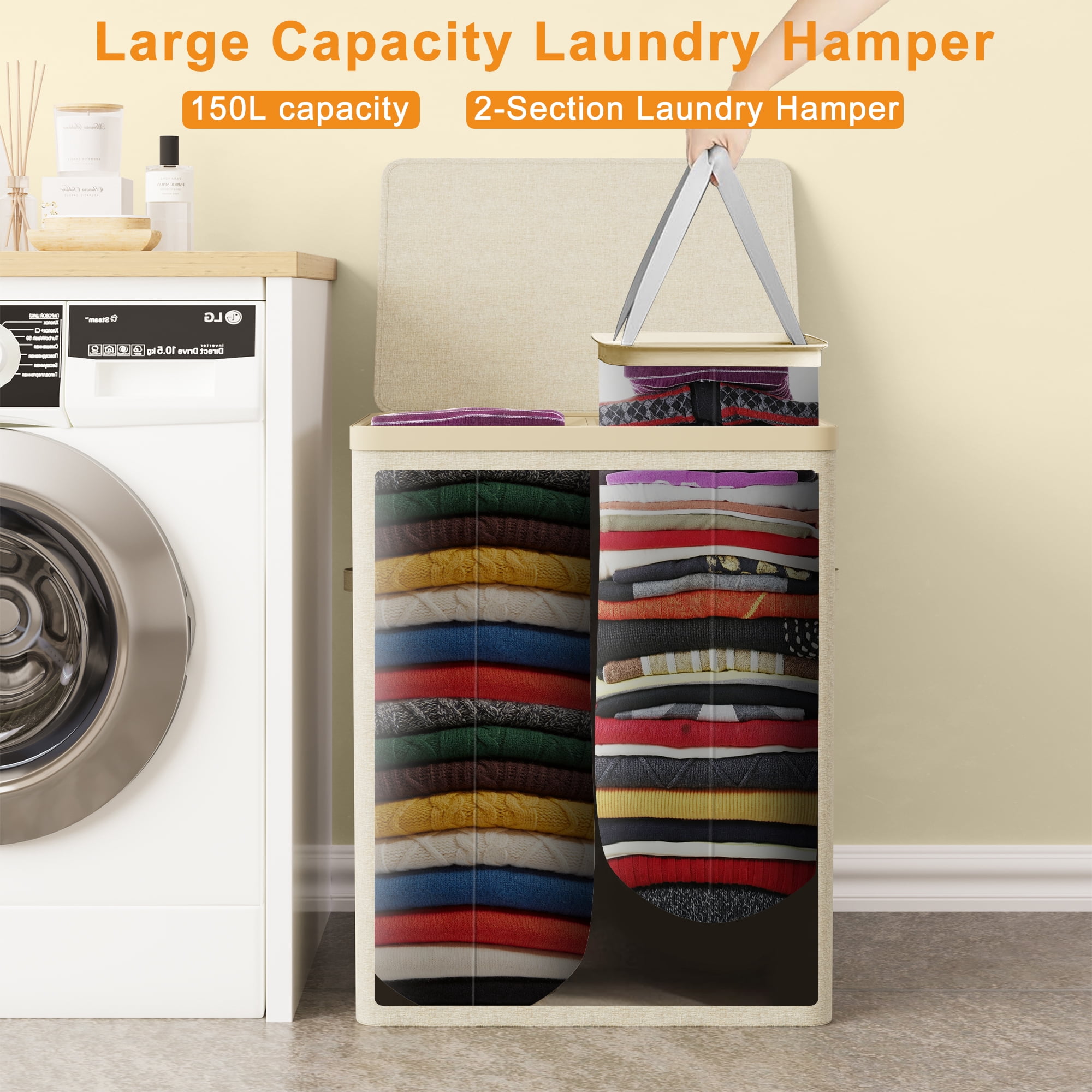BGTREND 150L Double Laundry Hamper with Lid, 2 Removable Washing Bags with Handles, Large Clothes Sorter for Easy Separation (Beige)