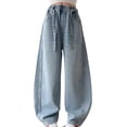 thumbnail image 4 of TIREOW Girls Sparkly Rhinestone Denim Pants Wide Leg Elastic Waist Jeans Fashionable Lightweight Casual Loose Denim Pants Streetwear(Blue,7-8 Years), 4 of 6
