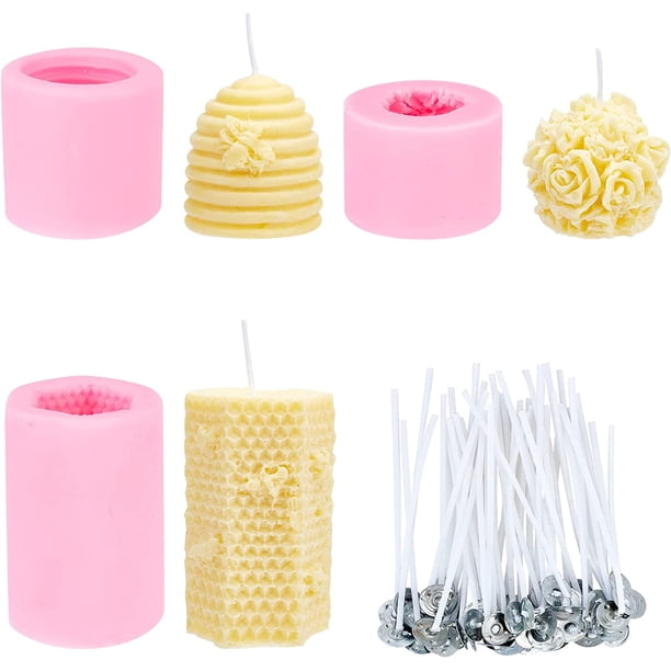 Paquete de 3 moldes de silicona para velas con forma de panal de abeja 3D con 50 mechas y soporte de metal.