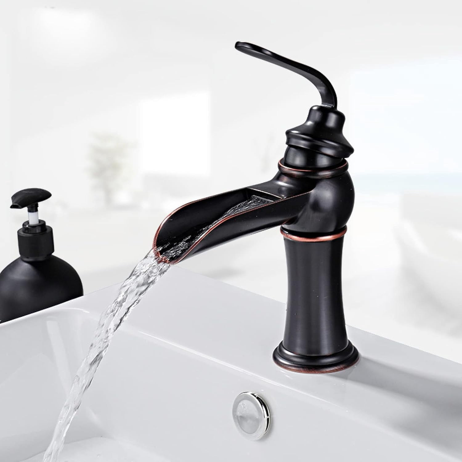 Waterfall Faucet for Bathroom Sink Black, Solid Brass, Hot and Cold Sink Mixer Tap Faucet, Waterfall Single Handle Bathroom Sink Faucet, high