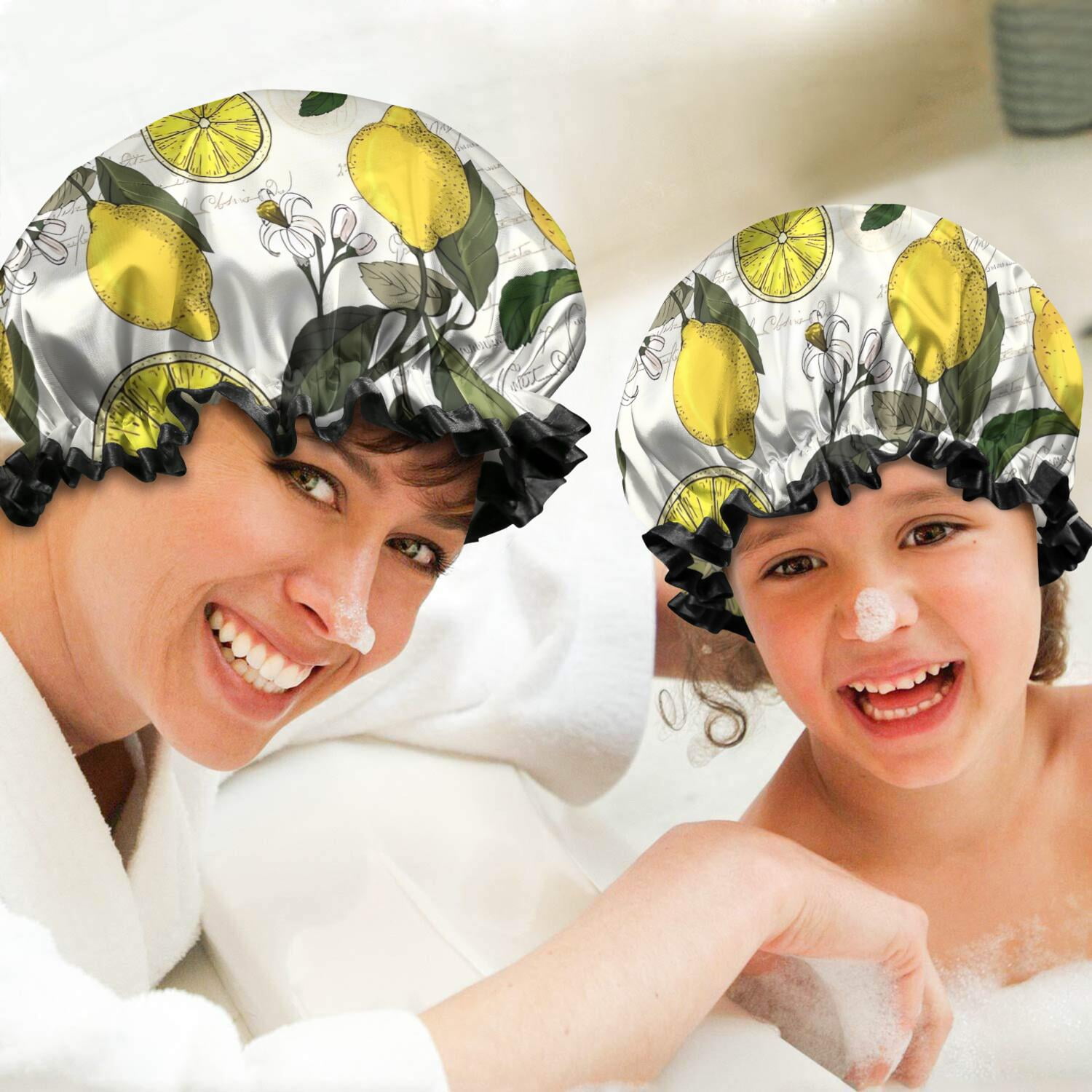 Shower Caps,Yellow Lemon Fruit Berries Beige Pattern Waterproof Shower Cap for Women 4 Pieces,Double Reusable Hair Cover for Shower PEVA Elastic Stretch Hem