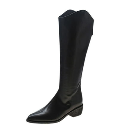 

Boots Women s Shoes Breathable Chunky High Heels Retro Pure Color Zipper Thigh