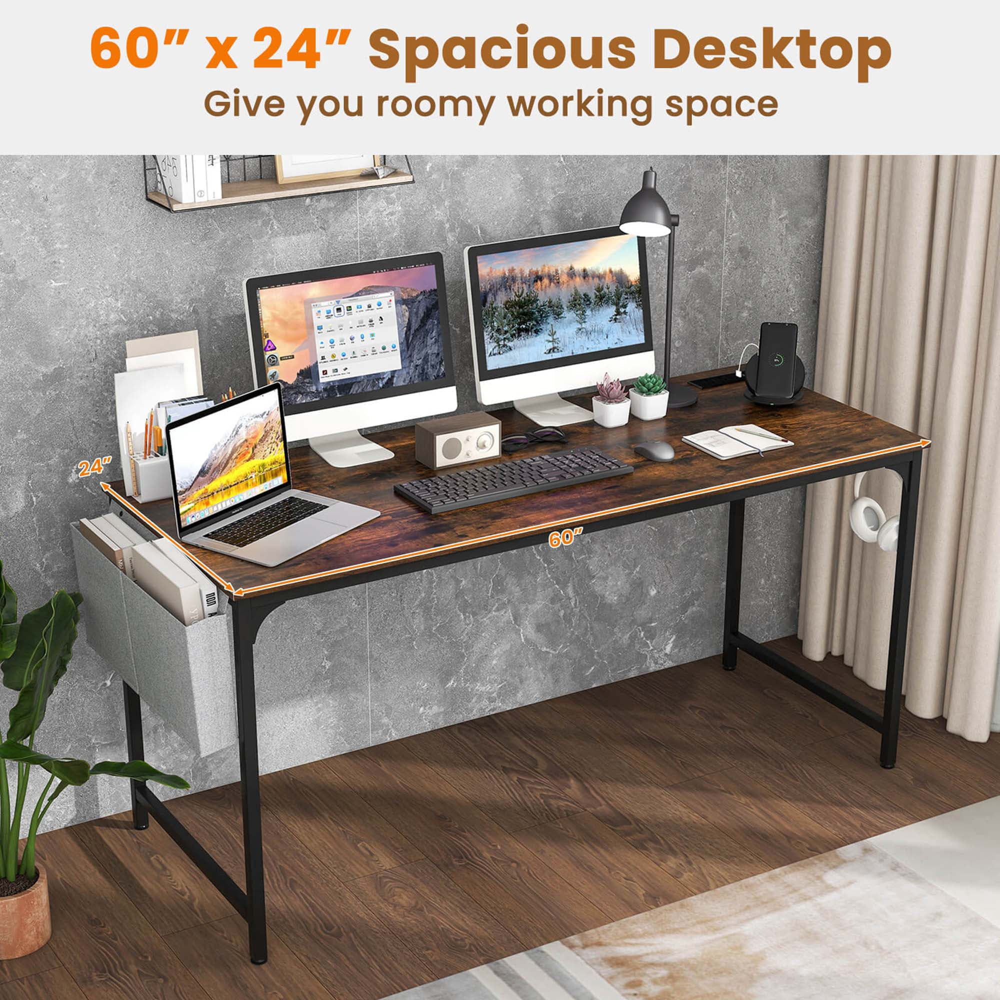Costway 60" Modern Computer Desk with Charging Station with Storage Bag & Headphone Hook Borwn