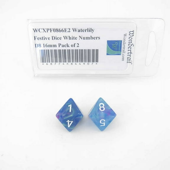 Waterlily Festive Dice with White Numbers D8 Aprox 16mm (5/8in) Pack of 2 Wondertrail