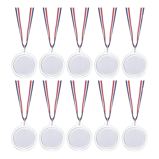 10 medallas de premio personalizadas Multicolor, set DIY en blanco de 10 discos redondos de PP de 6.3 cm con cintas tricolor de 44 cm, vista frontal en dos filas; aptas para competencias deportivas, competencias individuales, actividades educativas y fiestas.