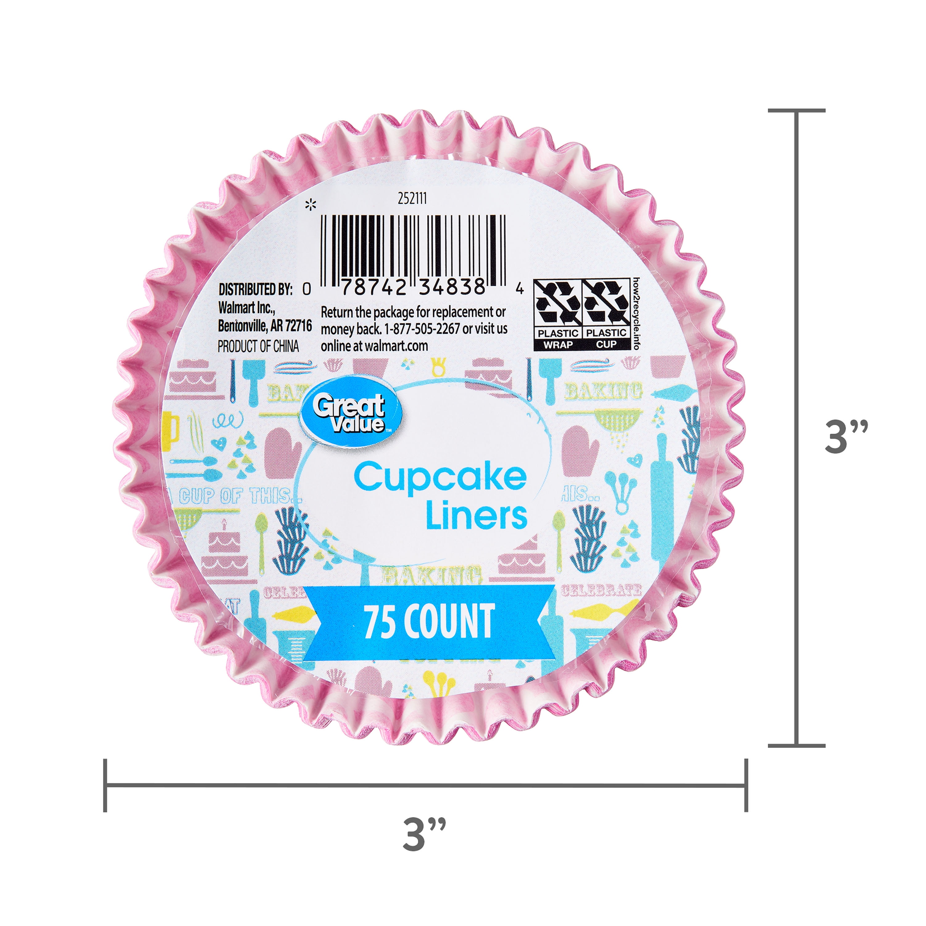 Great Value Cupcake Liners, Pink, 75 Count