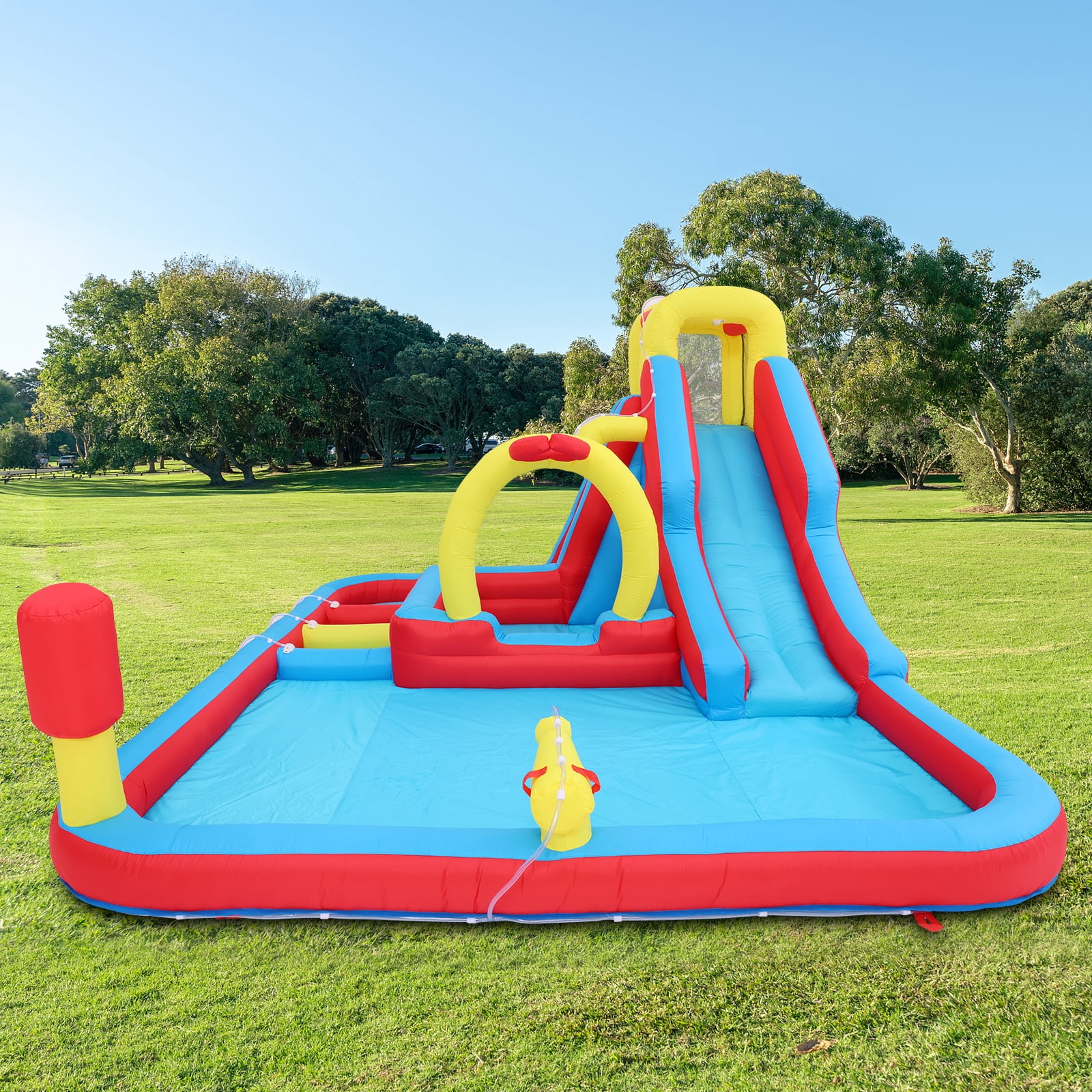 Funcid Giant Inflatable Water Slide Obstacle Course for Kids, 3x10FT, Inflatable Bounce with Long Slide, Deep Pool, Climbing Wall, Boxing Game, Basketball Rim, Water Cannon & Blower