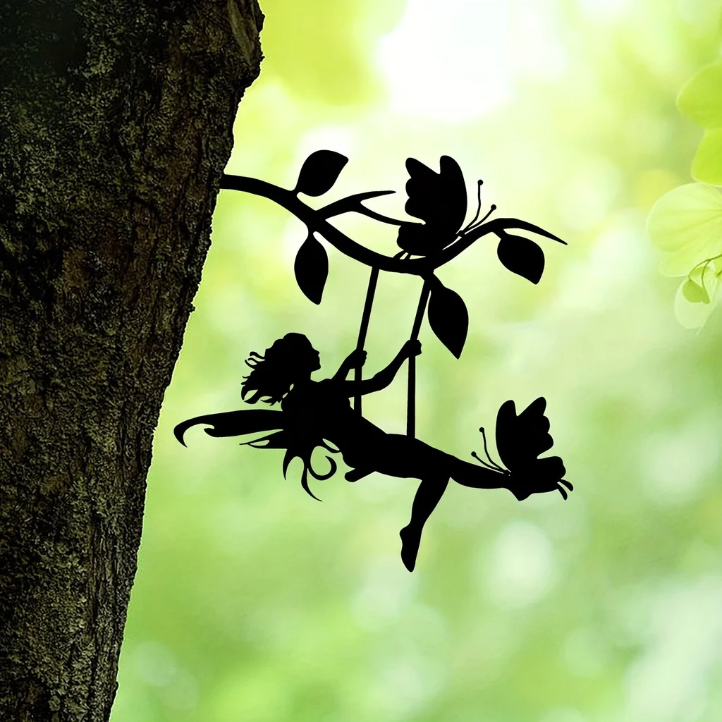 Swing Metal Wall Art Home Garden Yard Patio Statue Stake Decoration Elf On Branch Steel Silhouette for Garden Party Decor