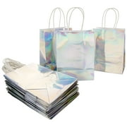 Koyal Wholesale Iridescent Party Bags with Handles, 5.75 x 7.75 inches, 25 Pack Holographic Silver Foil Gift Bags