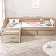 thumbnail image 4 of Harper & Bright Designs Twin Size L-Shaped Platform Bed ,  Wood Platform Bed Frame with 3 Storage Drawers and Guardrail for Boys Girls, Natural, 4 of 14