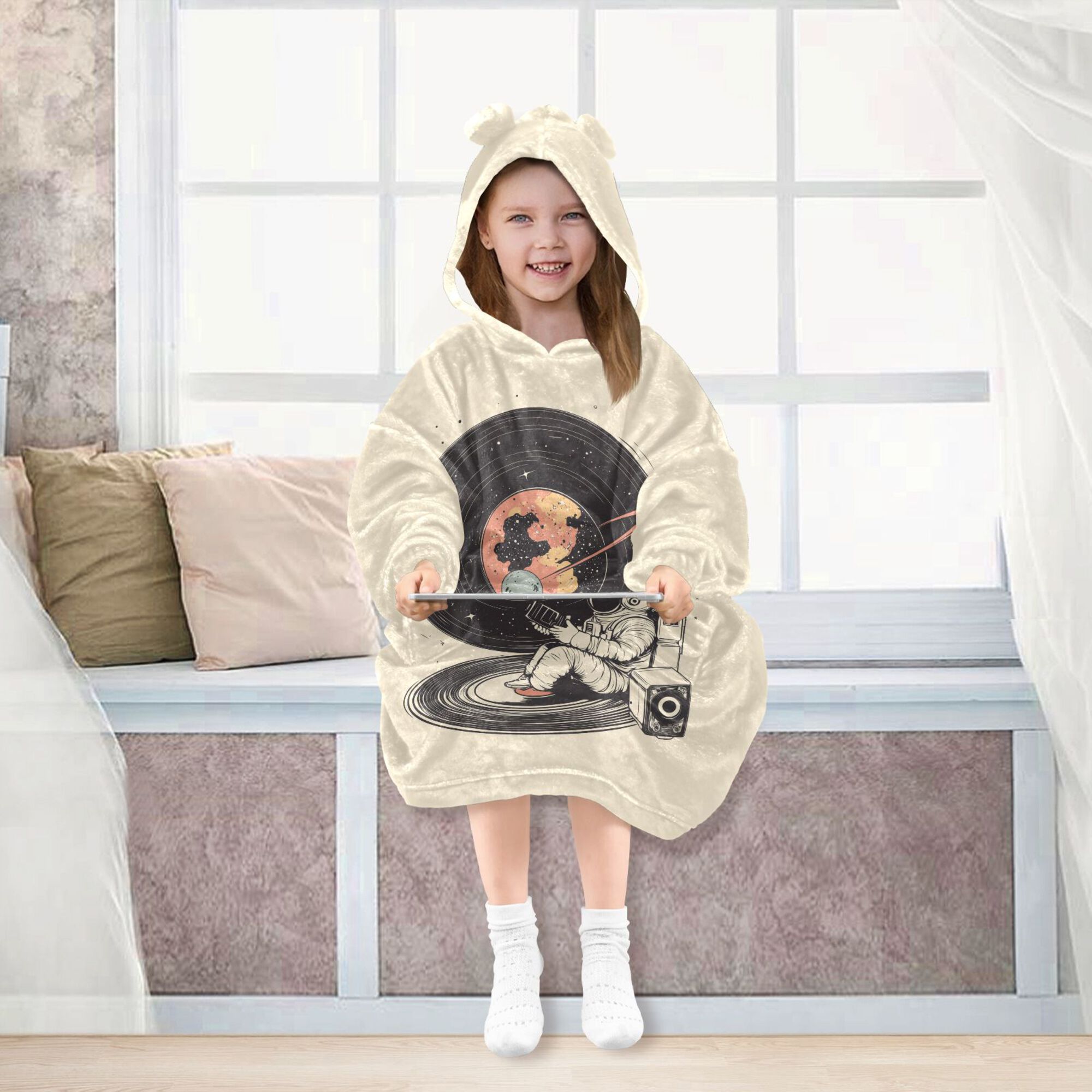 FORMRS Wearable Blanket Hoodie with Sleeves for Kids Cozy Flannel Sweatshirt, Space Record