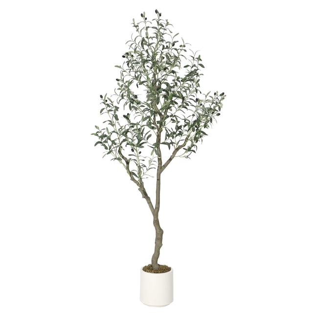 yeshouse olivo artificial 6 pies, árbol interior con tronco texturizado y cientos de hojas de poliéster hechas a mano, ramas flexibles de metal para ajustar la forma, incluye maceta blanca moderna lista para decorar (1.8 m).