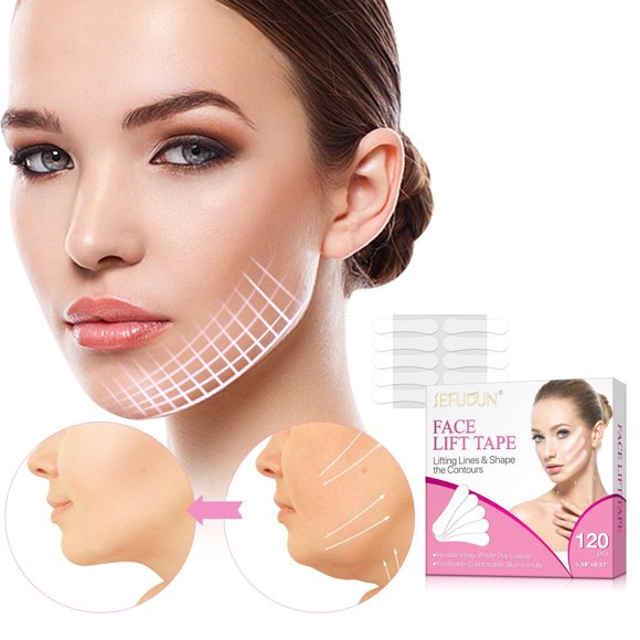 Cinta de lifting facial invisible, cinta de maquillaje para cuello, lifting instantáneo de ojos y papada, 1,58 x 0,51 pulgadas, 120 unidades, pequeño grifo de lifting facial.