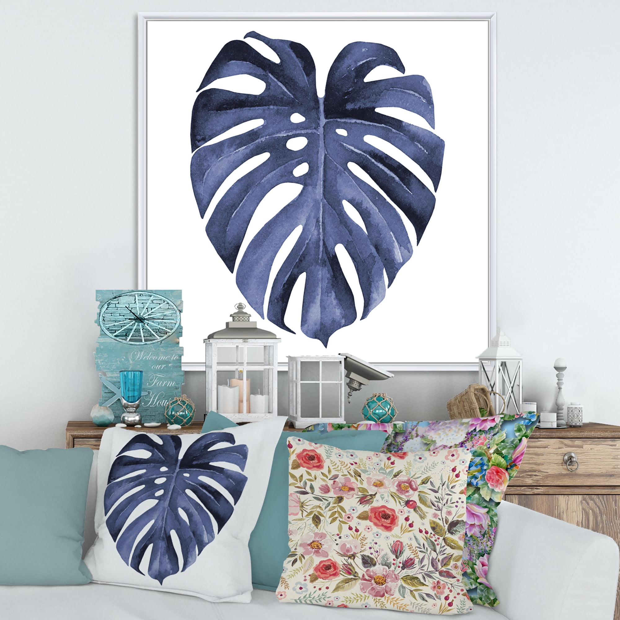 Designart 'Blue Watercolour Tropical Leaves III' Traditional Framed Canvas Wall Art Print