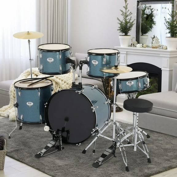 Full Size Adult Drum Set 5-Piece Black with Bass Drum, two Tom Drum, Snare Drum, Floor Tom, 16" Ride Cymbal, 14" Hi-hat Cymbals, Stool, Drum Pedal, Sticks