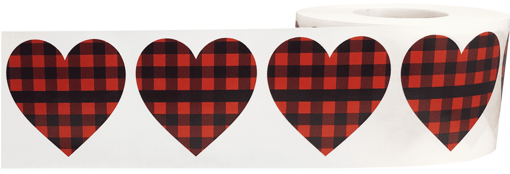 Red Buffalo Plaid Heart Stickers Valentine's Day 1 1/2 Inch Heart Shape 500 Adhesive Labels