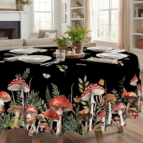 Verolix Round Tablecloth 70 Inch, Red Mushroom Floral Table Cover Polyester Waterproof Washable Table Cloth for Dining Kitchen Indoor Outdoor Decor