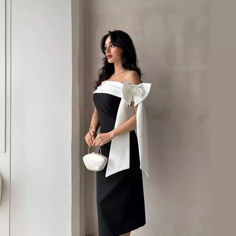 Women's Off-shoulder Bow Black And White Color Matching Elegant Cocktail  Dress - Walmart.com