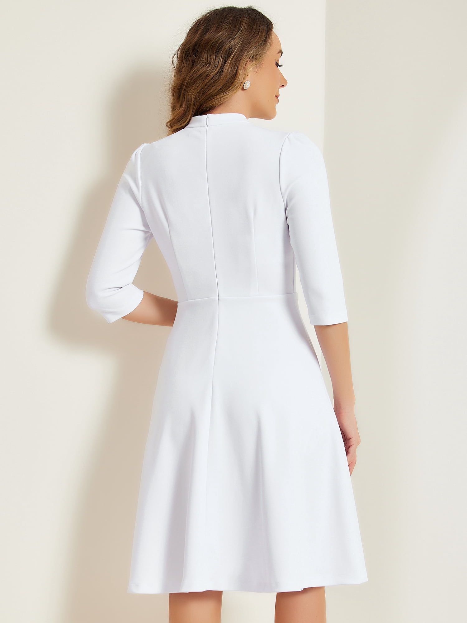 DARING DIVA Women's Sheath 3/4 Sleeves Stand Collar A-Line Dress M White