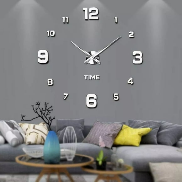 Reloj de Pared Brush Diseño 3D Moderno Grande Plata números