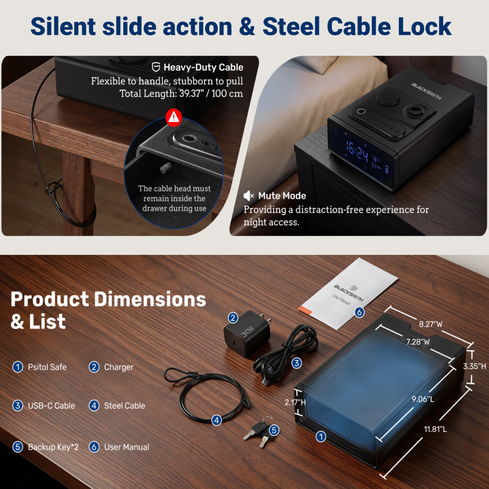 Gun Safe,Blacksmith Pistol Safe with Wireless Fast Charging,4-in-1 Fingerprint/App/Keypad/Keys Quick Access Handgun Safe,Black