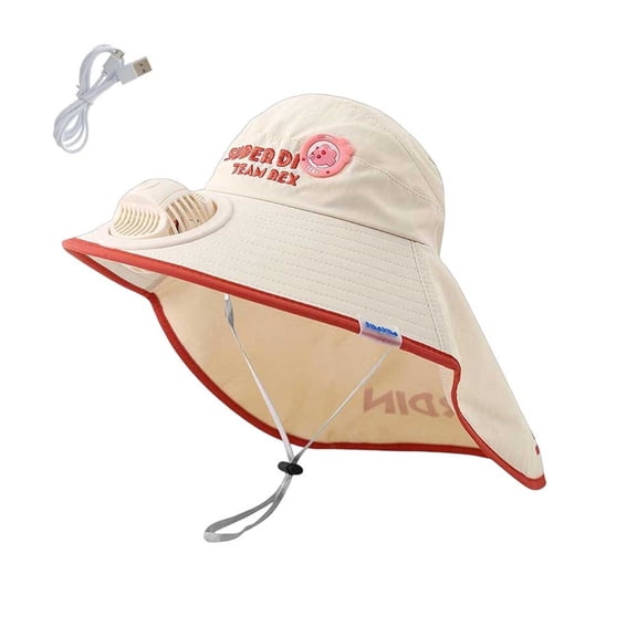 Kids Wide Brim Sun Hat with Neck Flap Solar Fan Cute Bucket HatsToddler Girls Boys Summer Outdoor Beach Park School Cap Beige 3-10 Years