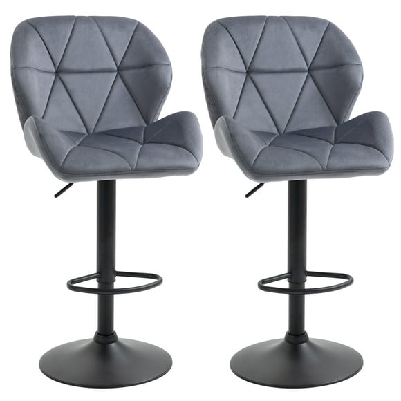 HOMCOM Adjustable Bar Stools Set of 2, Swivel Barstool with Back, Wide Seat and Footrest, Velvet Upholstered Bar Chairs for Kitchen, Dining Room, Grey