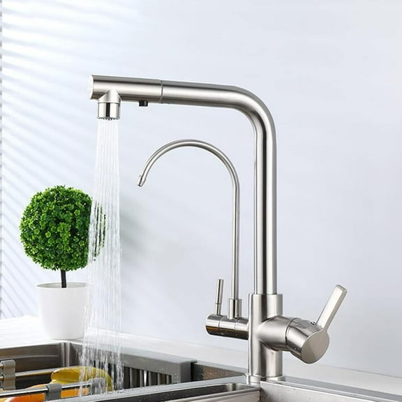 3 Way Kitchen Faucets with Pull Out Spray Brass 360° Rotation Hot and Cold Water Direct Drinking 3 in 1 Multi-Function Sink Faucet Brushed-A