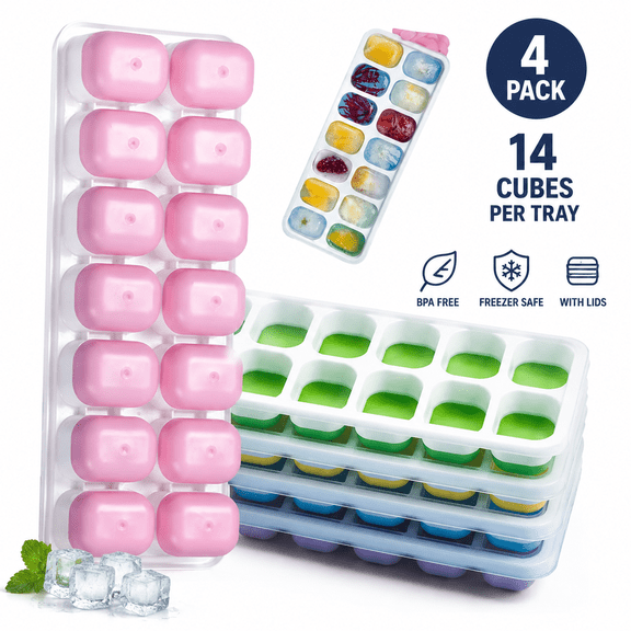 4 Pack Silicone Ice Cube Trays with Lids - Mini 14 Cubes per Tray, Freezer-Safe Molds for Cocktails